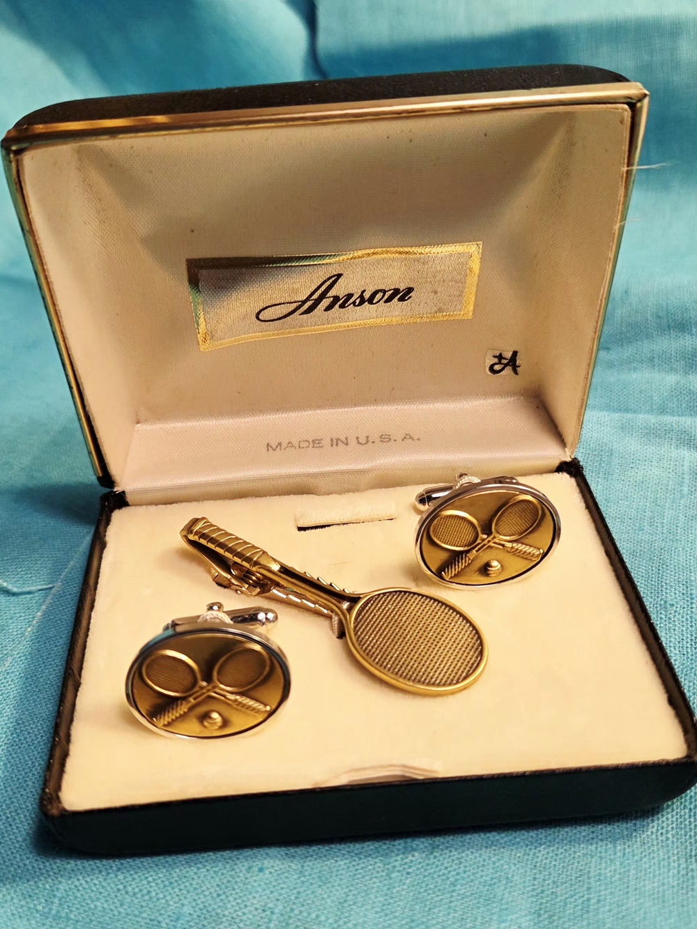 Anson Vintage Gold Tone Tennis Racket Tie Clip & Cufflink Set